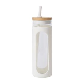 Glass Water Tumble Straw Silicone Bamboo Lids Iced Coffee Cup Bottle Reusable (Capacity: 590MLColor)